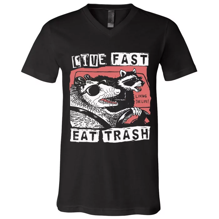 Funny Possum Raccoon Live Fast Eat Trash Street V-Neck T-Shirt