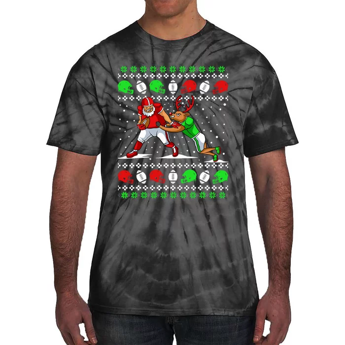 Football Player Reindeer Ugly Christmas Pajama Funny Xmas Tie-Dye T-Shirt