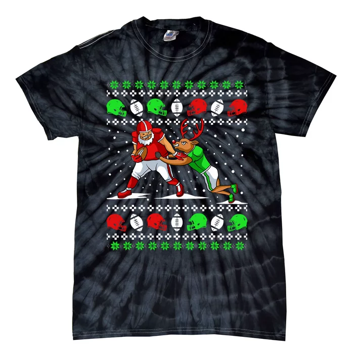 Football Player Reindeer Ugly Christmas Pajama Funny Xmas Tie-Dye T-Shirt