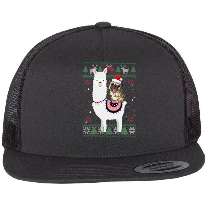 Funny Pug Riding Llama Christmas Gifts Pug Xmas ugly sweater Flat Bill Trucker Hat