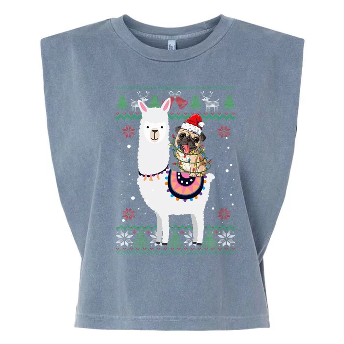 Funny Pug Riding Llama Christmas Gifts Pug Xmas ugly sweater Garment-Dyed Women's Muscle Tee