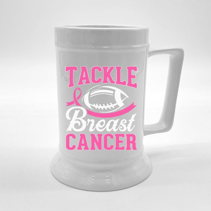 Football Pink Ribbon Tackle Breast Cancer Awarenes Front & Back Beer Stein