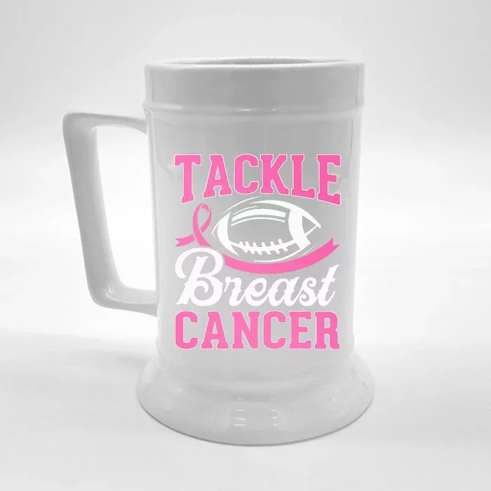 Football Pink Ribbon Tackle Breast Cancer Awarenes Front & Back Beer Stein