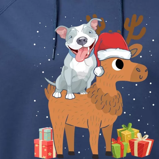 Funny Pitbull Riding Deer Matching Xmas Gifts Performance Fleece Hoodie