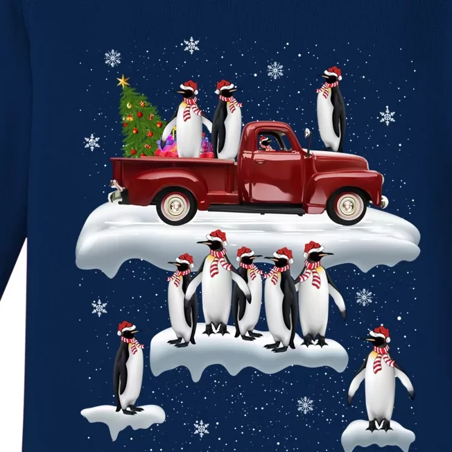 Funny Penguin Riding Red Truck Santa Hat Penguin Christmas Gift Baby Long Sleeve Bodysuit