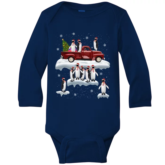 Funny Penguin Riding Red Truck Santa Hat Penguin Christmas Gift Baby Long Sleeve Bodysuit