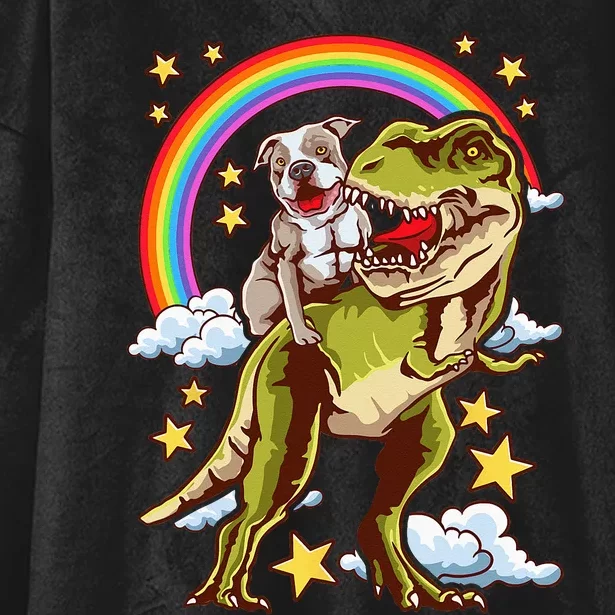 Funny Pitbull Riding A Dinosaur Rainbow Illustration Fun Hooded Wearable Blanket