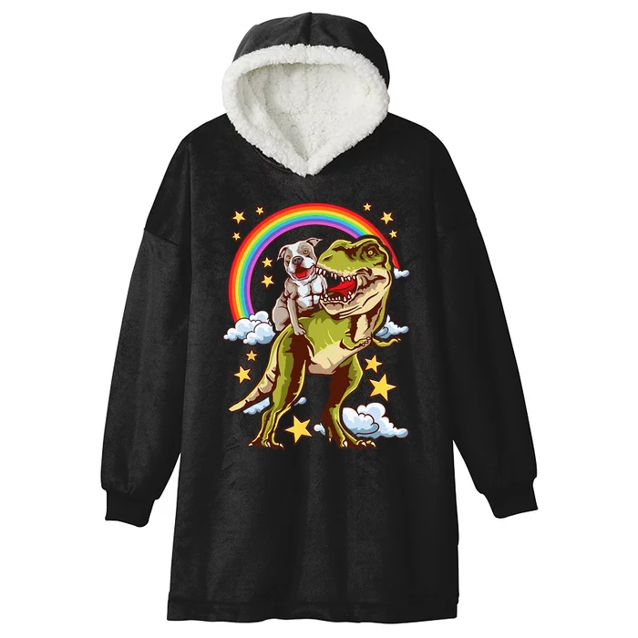 Funny Pitbull Riding A Dinosaur Rainbow Illustration Fun Hooded Wearable Blanket