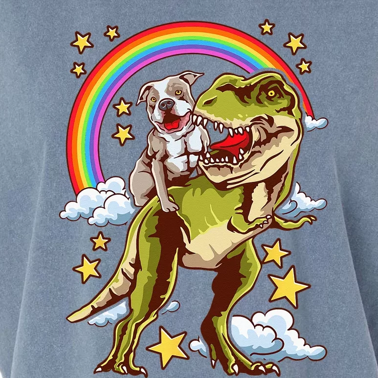 Funny Pitbull Riding A Dinosaur Rainbow Illustration Fun Garment-Dyed Women's Muscle Tee