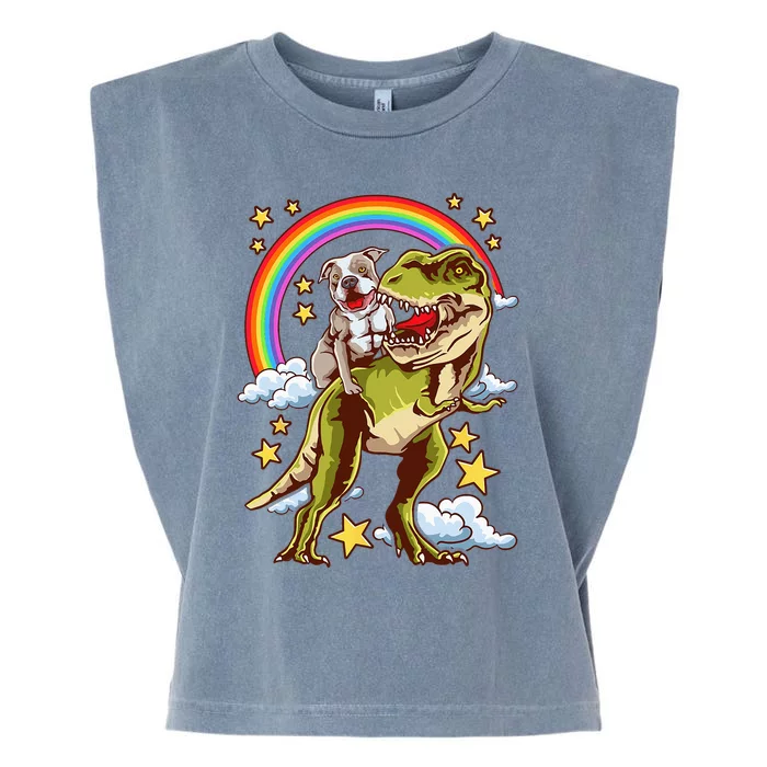 Funny Pitbull Riding A Dinosaur Rainbow Illustration Fun Garment-Dyed Women's Muscle Tee