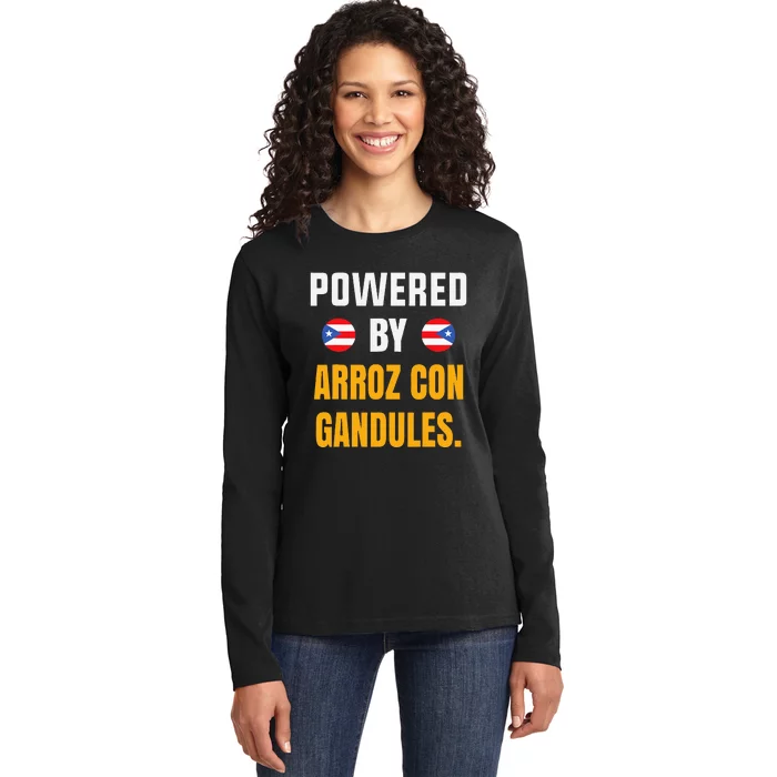 Funny Puerto Rico Flag Powered By Arroz Con Gandules Ladies Long Sleeve Shirt