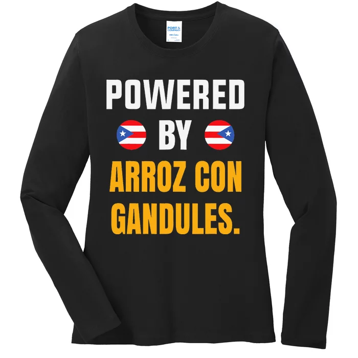 Funny Puerto Rico Flag Powered By Arroz Con Gandules Ladies Long Sleeve Shirt