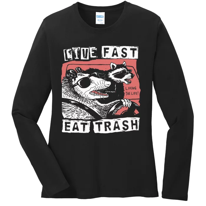 Funny Possum Raccoon Live Fast Eat Trash Cats Squad Ladies Long Sleeve Shirt