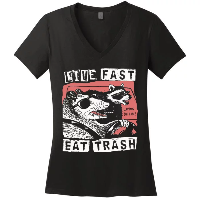 Funny Possum Raccoon Live Fast Eat Trash Cats Squad Women's V-Neck T-Shirt