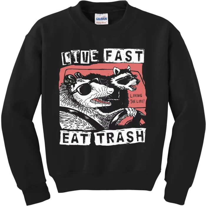 Funny Possum Raccoon Live Fast Eat Trash Cats Squad Kids Sweatshirt