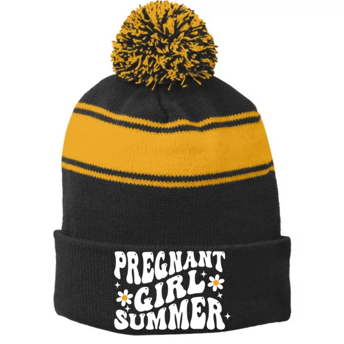 Funny Pregnancy Reveal Pregnant Girl Summer Baby Shower Stripe Pom Pom Beanie