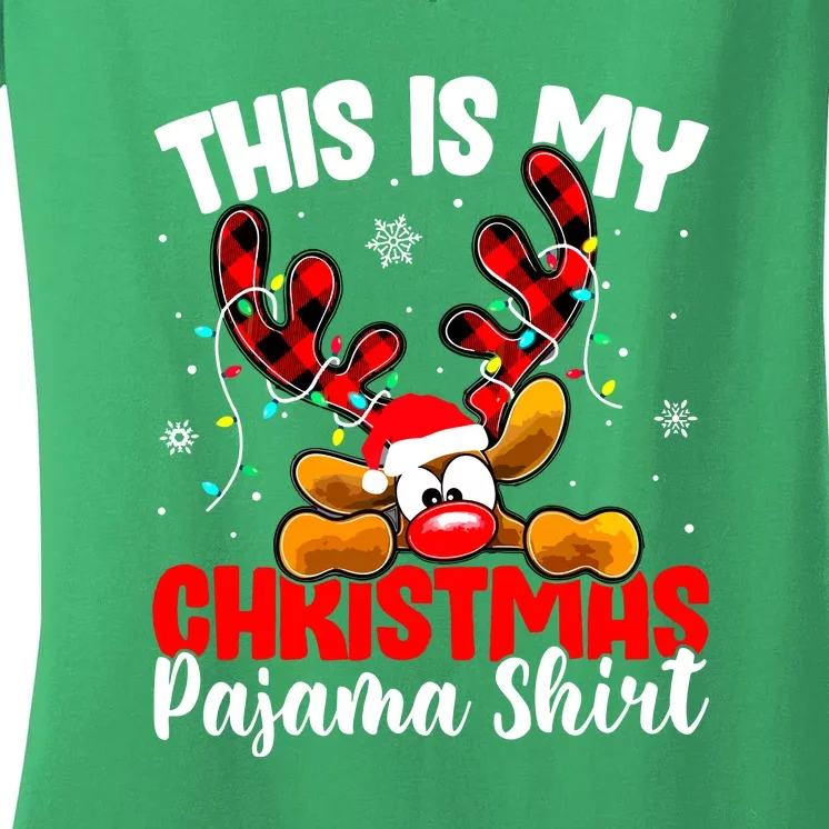 Funny Plaid Reindeer This Is My Christmas Pajamas Xmas Family Gift Women's V-Neck T-Shirt