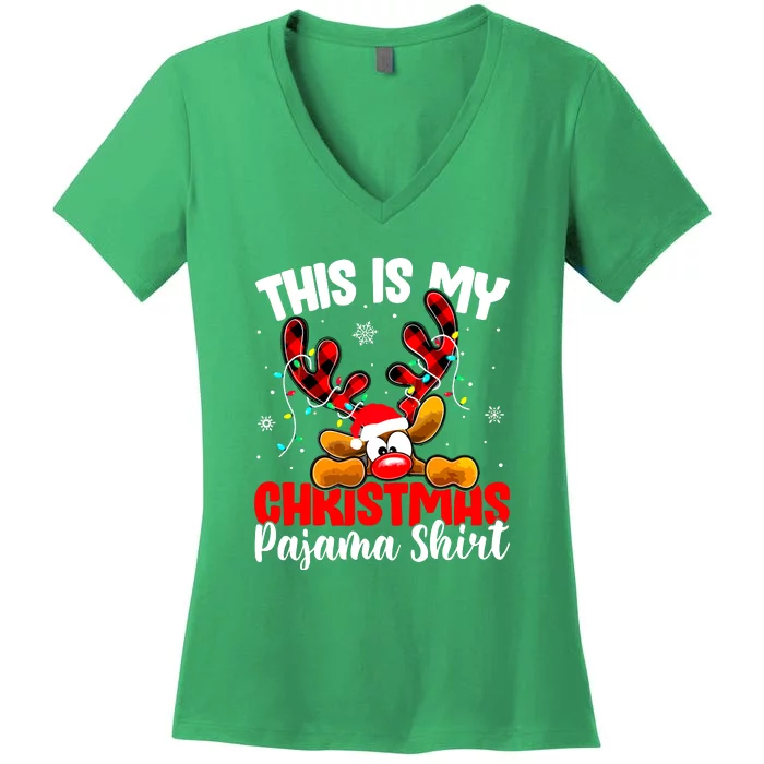 Funny Plaid Reindeer This Is My Christmas Pajamas Xmas Family Gift Women's V-Neck T-Shirt