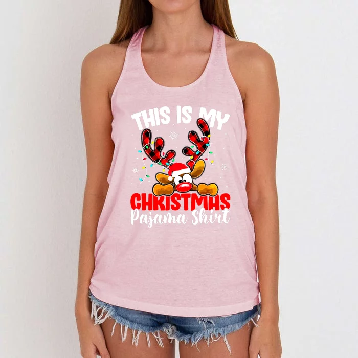 Funny Plaid Reindeer This Is My Christmas Pajamas Xmas Family Gift Women's Knotted Racerback Tank