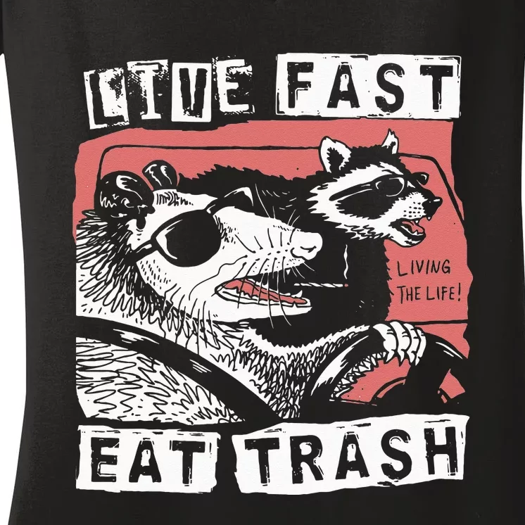 Funny Possum Raccoon Live Fast Eat Trash Street Cats Squad Women's V-Neck T-Shirt