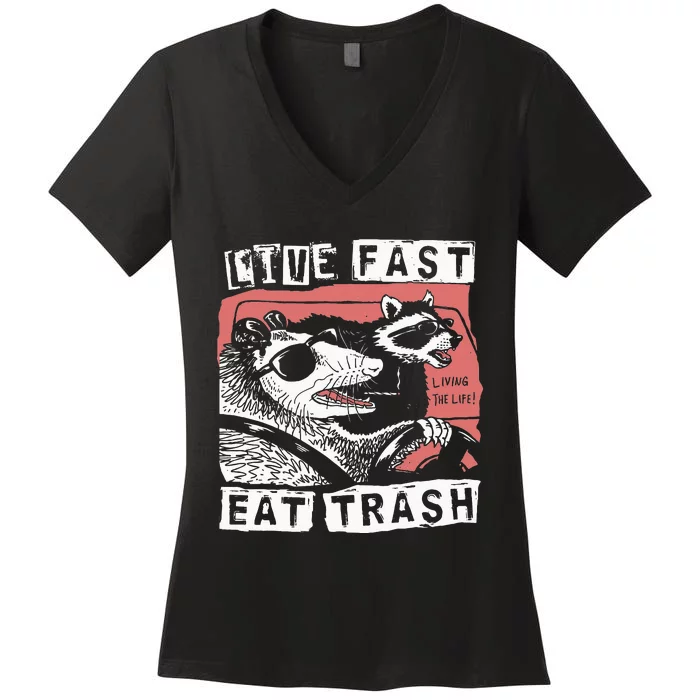 Funny Possum Raccoon Live Fast Eat Trash Street Cats Squad Women's V-Neck T-Shirt