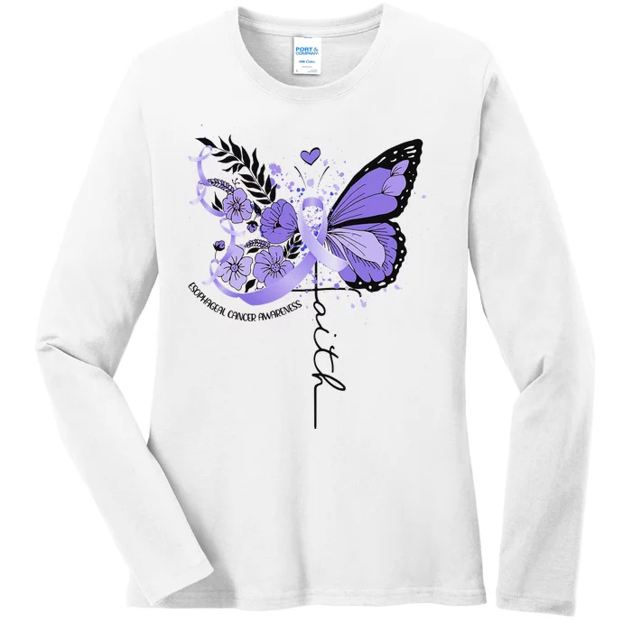 Faith Periwinkle Ribbon Esophageal Cancer Awareness Ladies Long Sleeve Shirt