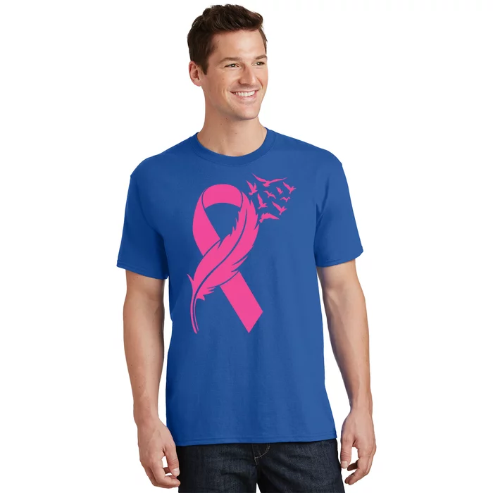 Feather Pink Ribbon Fight Cancer Breast Cancer Warrior Cool Gift T-Shirt