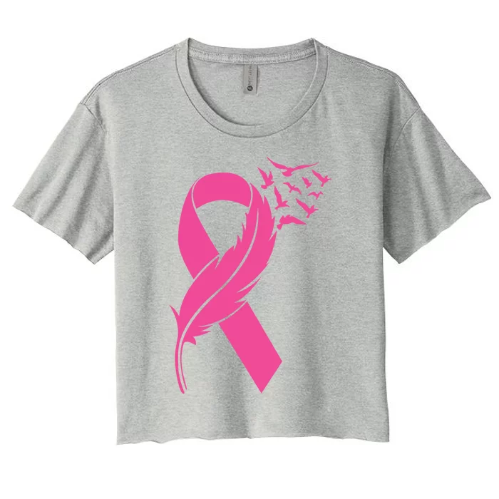 Feather Pink Ribbon Fight Cancer Breast Cancer Warrior Cool Gift Women's Crop Top Tee