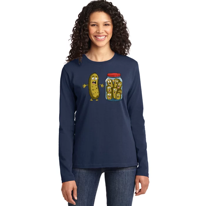 Funny Pickle Surprise A Cucumber And A Jar Of Sliced Pickles Ladies Long Sleeve Shirt