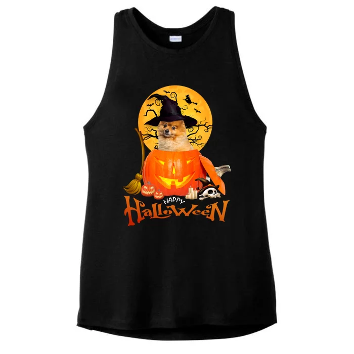 Funny Pomeranian Spooky Halloween Ladies Tri-Blend Wicking Tank