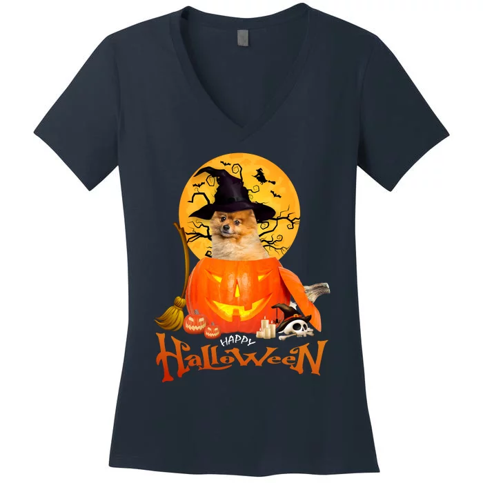 Funny Pomeranian Spooky Halloween Women's V-Neck T-Shirt