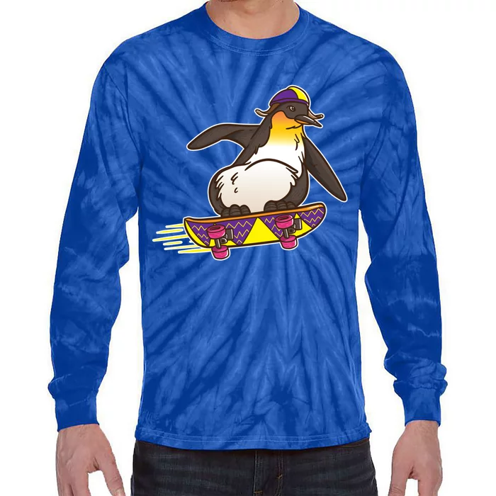 Funny Penguin Skateboard Skater Gift Skateboarding Gift Tie-Dye Long Sleeve Shirt