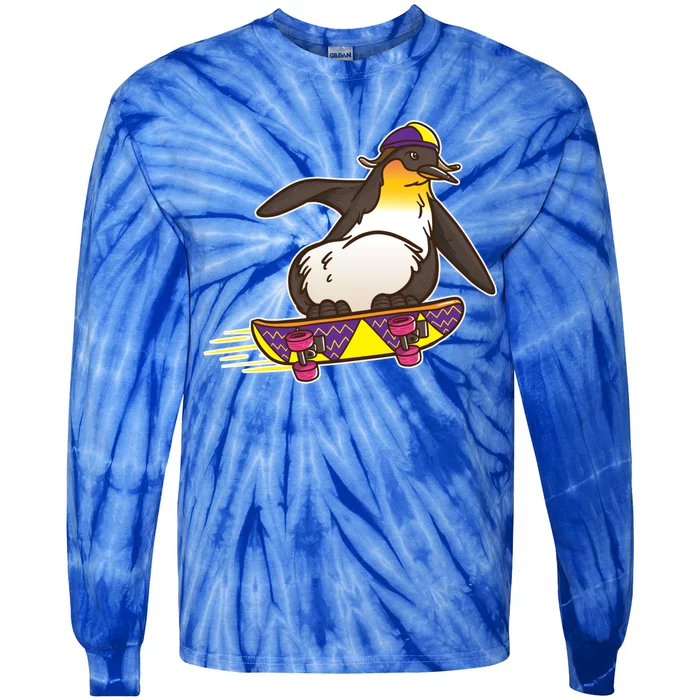 Funny Penguin Skateboard Skater Gift Skateboarding Gift Tie-Dye Long Sleeve Shirt