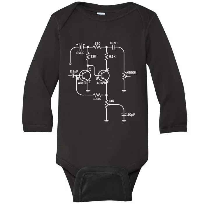 Fuzz Pedal Schematic Circuit Handwired funny guitar Baby Long Sleeve  Bodysuit