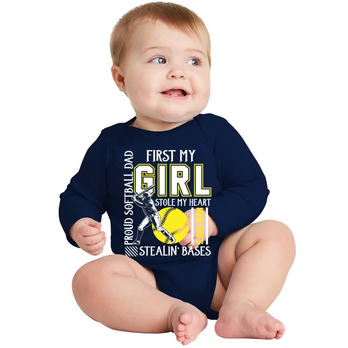 Funny Proud Softball Dad Stole My Heart Gift For Daddy Gift Baby Long Sleeve Bodysuit