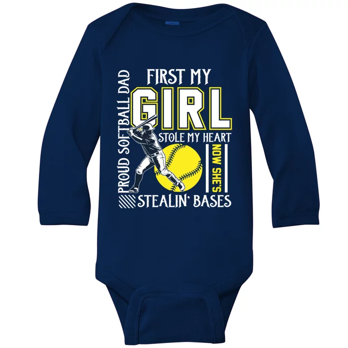 Funny Proud Softball Dad Stole My Heart Gift For Daddy Gift Baby Long Sleeve Bodysuit