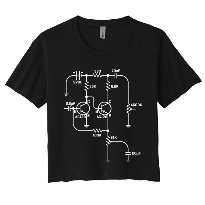 Fuzz Pedal Schematic Circuit Handwired Musician Women's Crop Top Tee