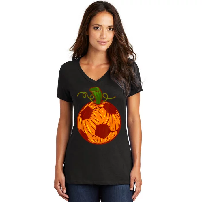 Funny Pumpkin Soccer Ball Halloween Women's V-Neck T-Shirt