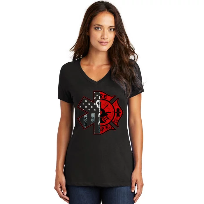 Firefighter Paramedic Symbol American Flag Fireman Fire Women's V-Neck T-Shirt