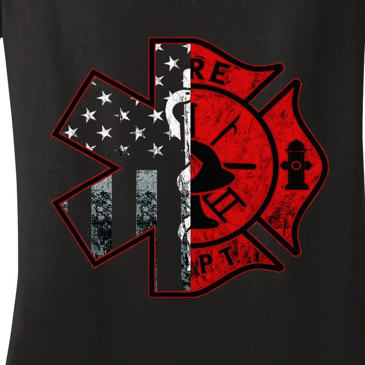 Firefighter Paramedic Symbol American Flag Fireman Fire Women's V-Neck T-Shirt