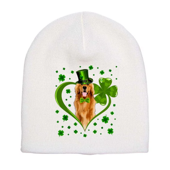 Funny Puppy Shamrock Golden Retriever Dog St Patricks Day Short Acrylic Beanie