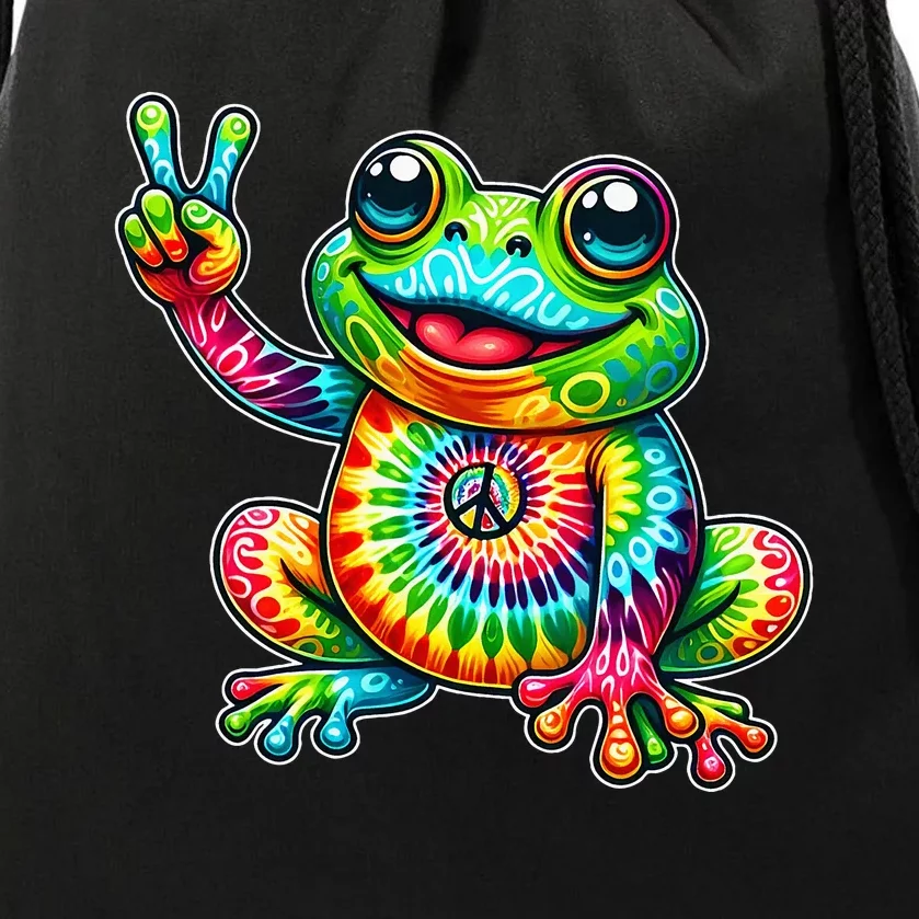 Frog Peace Sign Tie Dye Hippie Drawstring Bag