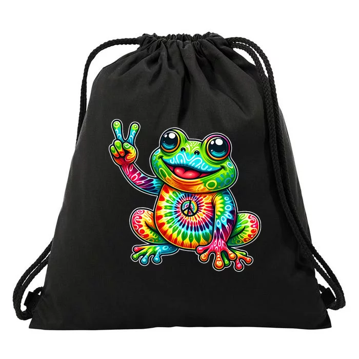 Frog Peace Sign Tie Dye Hippie Drawstring Bag