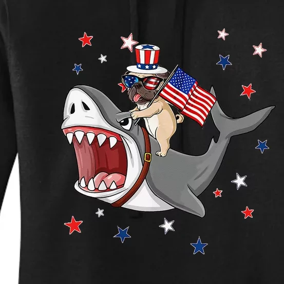 Funny Pug Shark 4th Of July Dog Mom Dad Puppy Lover Women's Pullover Hoodie