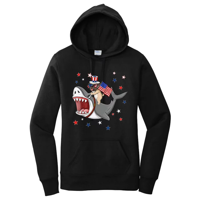 Funny Pug Shark 4th Of July Dog Mom Dad Puppy Lover Women's Pullover Hoodie