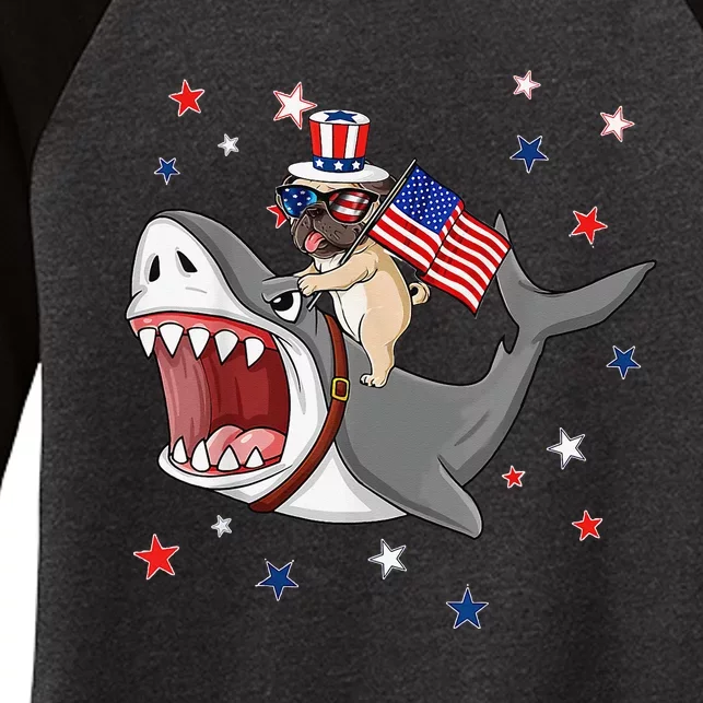 Funny Pug Shark 4th Of July Dog Mom Dad Puppy Lover Women's Tri-Blend 3/4-Sleeve Raglan Shirt