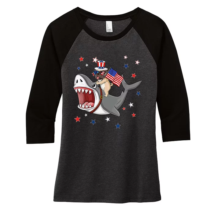 Funny Pug Shark 4th Of July Dog Mom Dad Puppy Lover Women's Tri-Blend 3/4-Sleeve Raglan Shirt