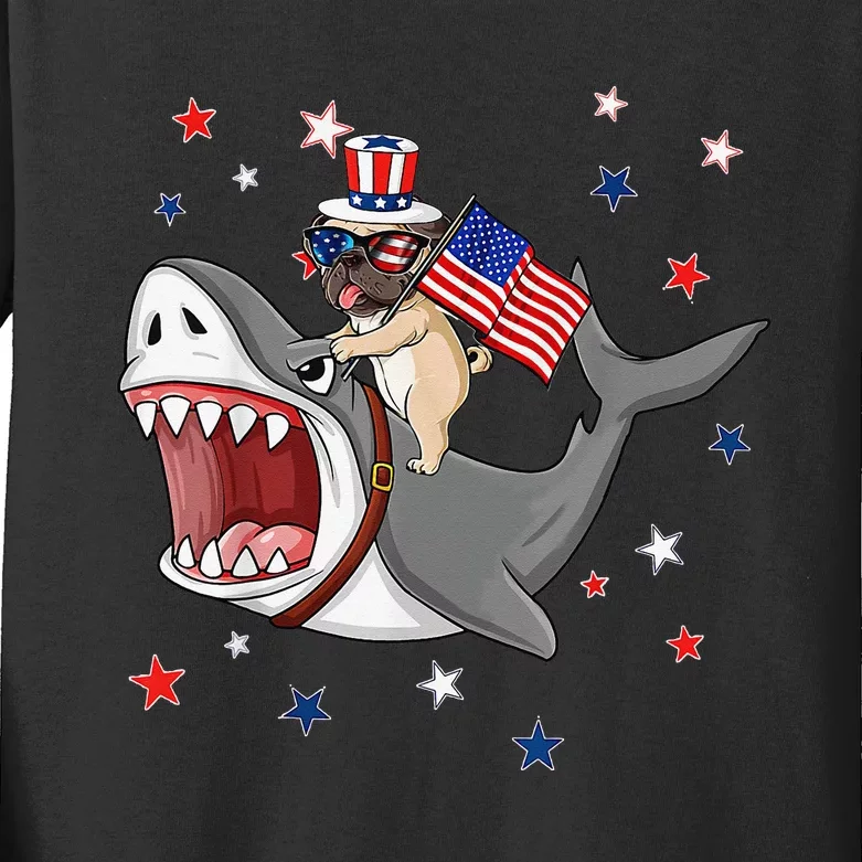 Funny Pug Shark 4th Of July Dog Mom Dad Puppy Lover Kids Long Sleeve Shirt