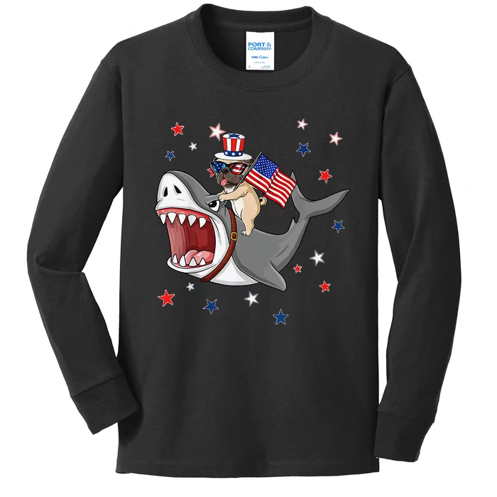 Funny Pug Shark 4th Of July Dog Mom Dad Puppy Lover Kids Long Sleeve Shirt