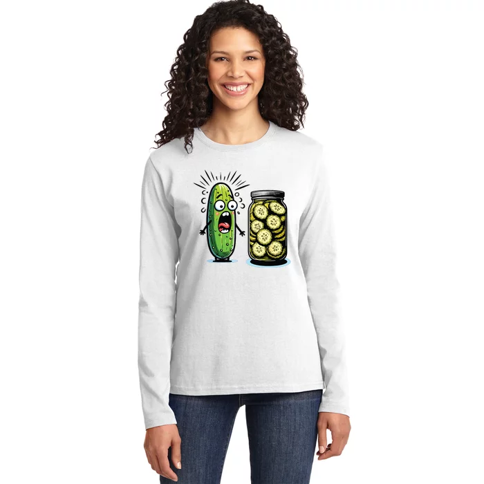 Funny Pickle Surprise A Cucumber And A Jar Of Sliced Pickles Ladies Long Sleeve Shirt